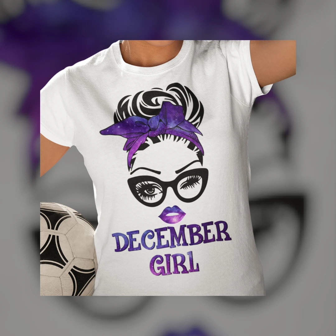 December Girl Tee Galaxy Messy Bun Birthday Gift for Women