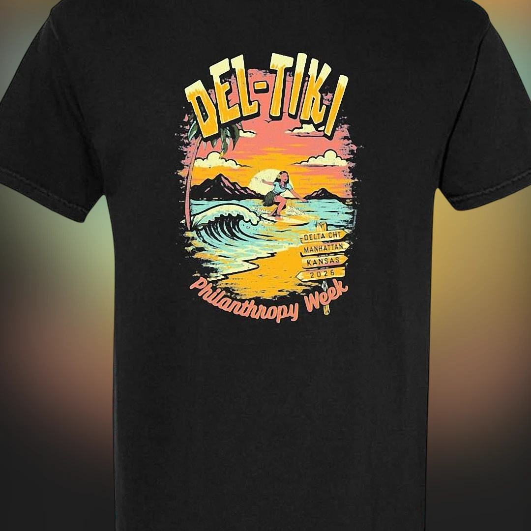 Del-Tiki Philanthropy Week Delta Chi Manhattan Kansas 2026 Retro Surfer Tee