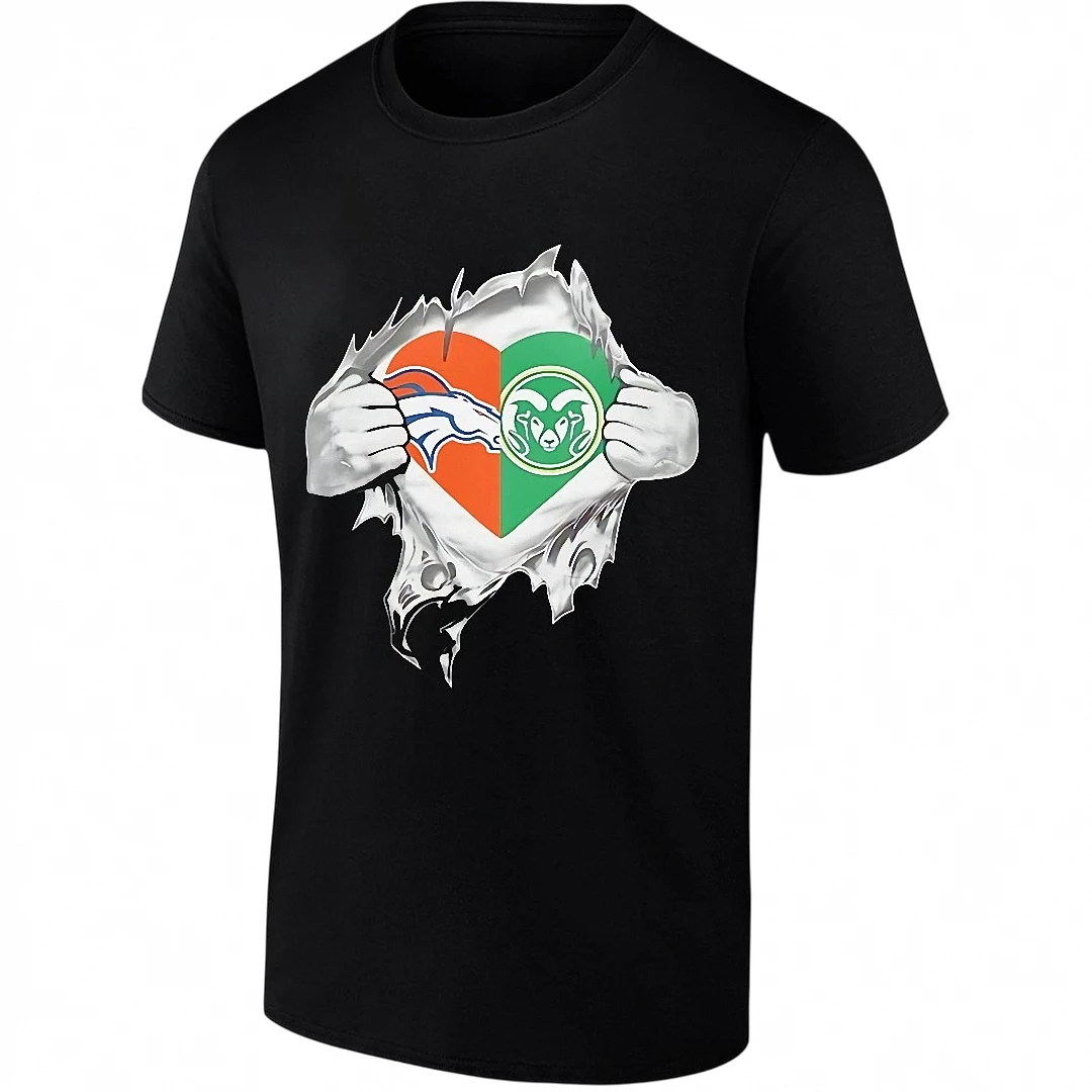 Denver Broncos and Colorado State Rams Heart Logo Tee Ripped Chest Sports Fan Graphic T-Shirt