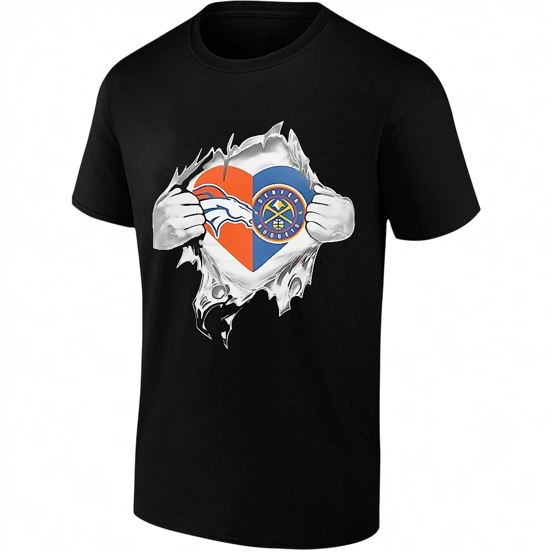 Denver Broncos and Denver Nuggets Heart Logo Tee, Ripped Chest Dual Fan Shirt for Colorado Sports Lovers