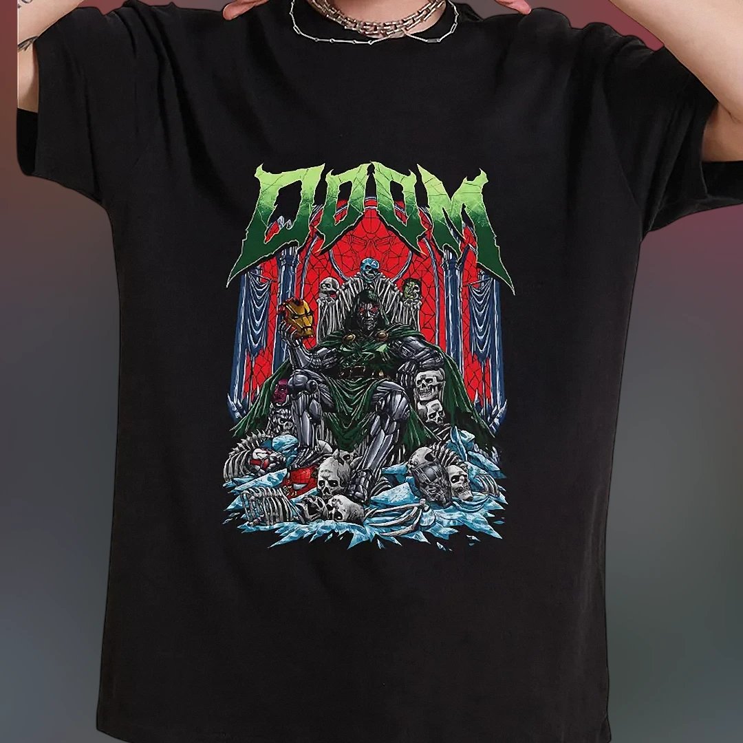 DOOM Tee Doctor Doom on Skull Throne Graphic T-Shirt, Comic Book Villain Dark Streetwear Shirt for Fans