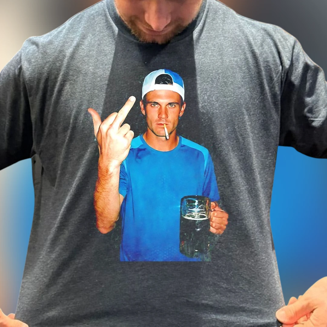 Edgy Smoking Man Drinking Beer Tee, Retro Streetwear Graphic T-Shirt for Men and Women available at our Chicago, Illinois warehouse