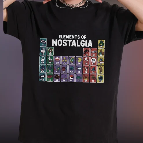 Elements of Nostalgia Tee 80s 90s Pop Culture Periodic Table Graphic T-Shirt Retro Gamer Gift