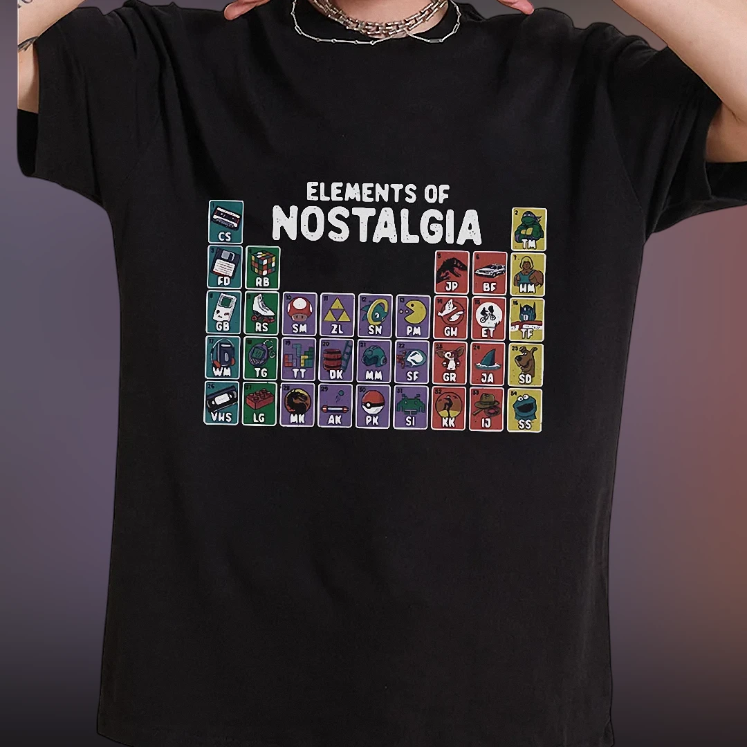 Elements of Nostalgia Tee 80s 90s Pop Culture Periodic Table Graphic T-Shirt Retro Gamer Gift