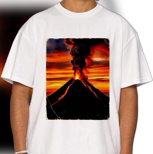Erupting Volcano Sunset Graphic Tee, Vintage Lava Eruption Mountain Landscape Nature T-Shirt, Travel Souvenir Geology Gift