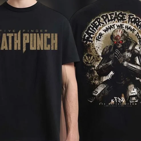 Five Finger Death Punch Father Please Forgive Us Tee Two Sided Heavy Metal Band Graphic Shirt