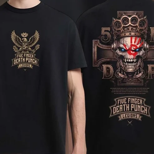 Five Finger Death Punch Legions Band Tee, Two-Sided Heavy Metal Skull Graphic T-Shirt