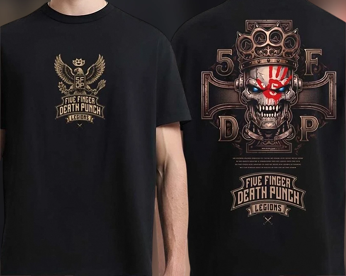 Five Finger Death Punch Legions Band Tee, Two-Sided Heavy Metal Skull Graphic T-Shirt