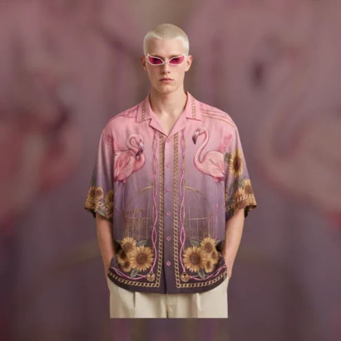 Flamingo Sunflower Birdcage Print Button-Down Shirt Tropical Summer Vacation Resort Wear