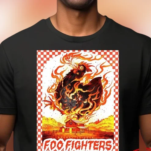 Foo Fighters Tee Vintage Flaming Chicken Rock Band Graphic T-Shirt for Music Fans