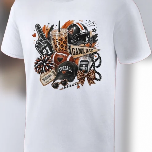 Football Game Day Vibes Leopard Graphic Tee, Retro Touchdown Tailgate Stadium Shirt for Fans