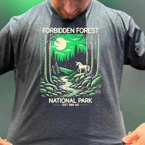 Forbidden Forest National Park Est AD Tee, Fantasy Unicorn Hiking Camping Graphic T-Shirt