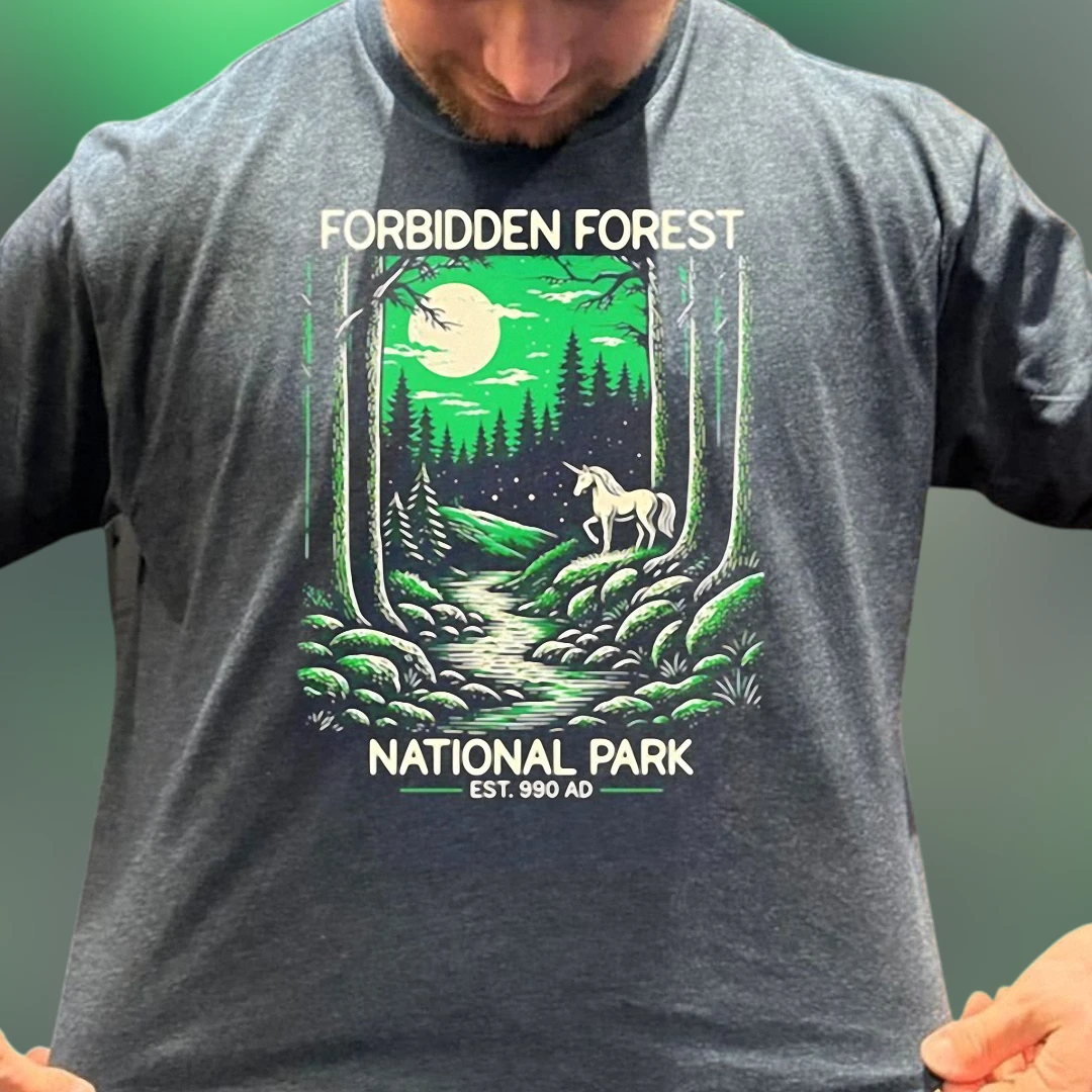 Forbidden Forest National Park Est AD Tee, Fantasy Unicorn Hiking Camping Graphic T-Shirt