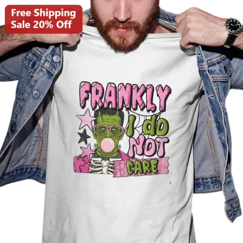 Frankly I Do Not Care Tee, Frankenstein Monster Bubblegum Halloween Shirt, Spooky Gift for Horror Fans