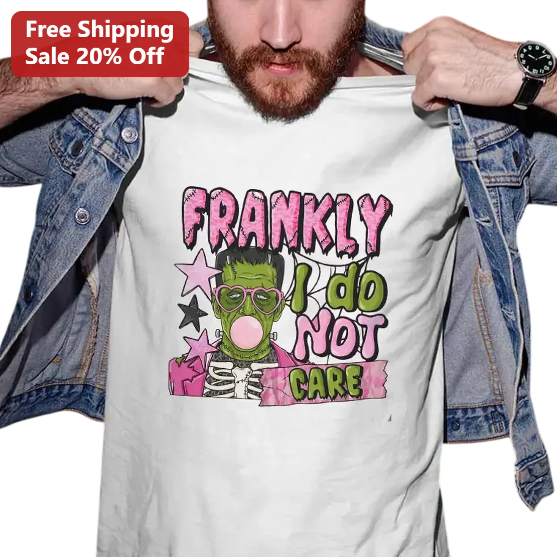 Frankly I Do Not Care Tee, Frankenstein Monster Bubblegum Halloween Shirt, Spooky Cute Gift for Horror Fans