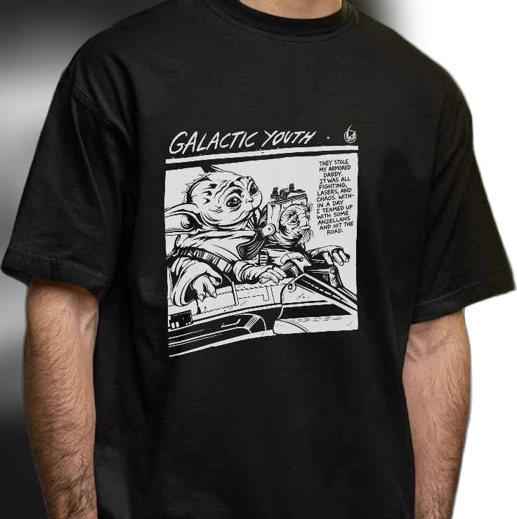 Galactic Youth Grogu and Babu Frik Graphic Tee, Retro Comic Book Style Sci-Fi Unisex Cotton T-Shirt