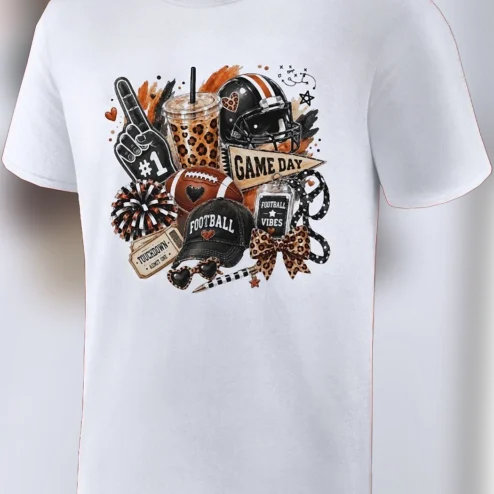 Game Day Football Vibes Leopard Print Graphic Tee, Cute Touchdown Tailgate Season Shirt for Fans