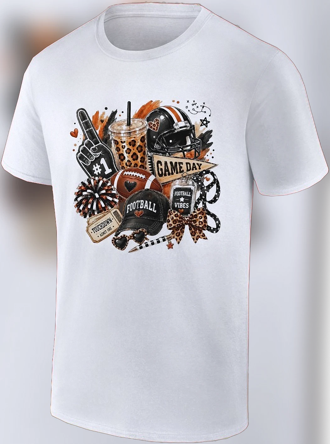 Game Day Football Vibes Leopard Print Graphic Tee, Cute Touchdown Tailgate Season Shirt for Fans