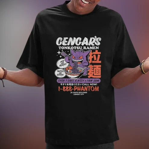 Gengar Tonkotsu Ramen Graphic Tee, Vintage Anime Japanese Streetwear T-Shirt, Pokemon Fan Gift