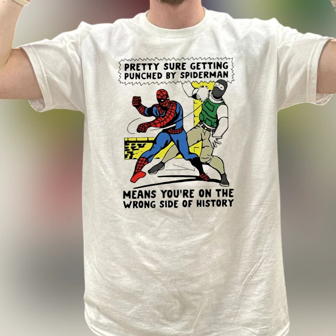Getting Punched by Spiderman Wrong Side of History Tee Retro Comic Graphic T-Shirt