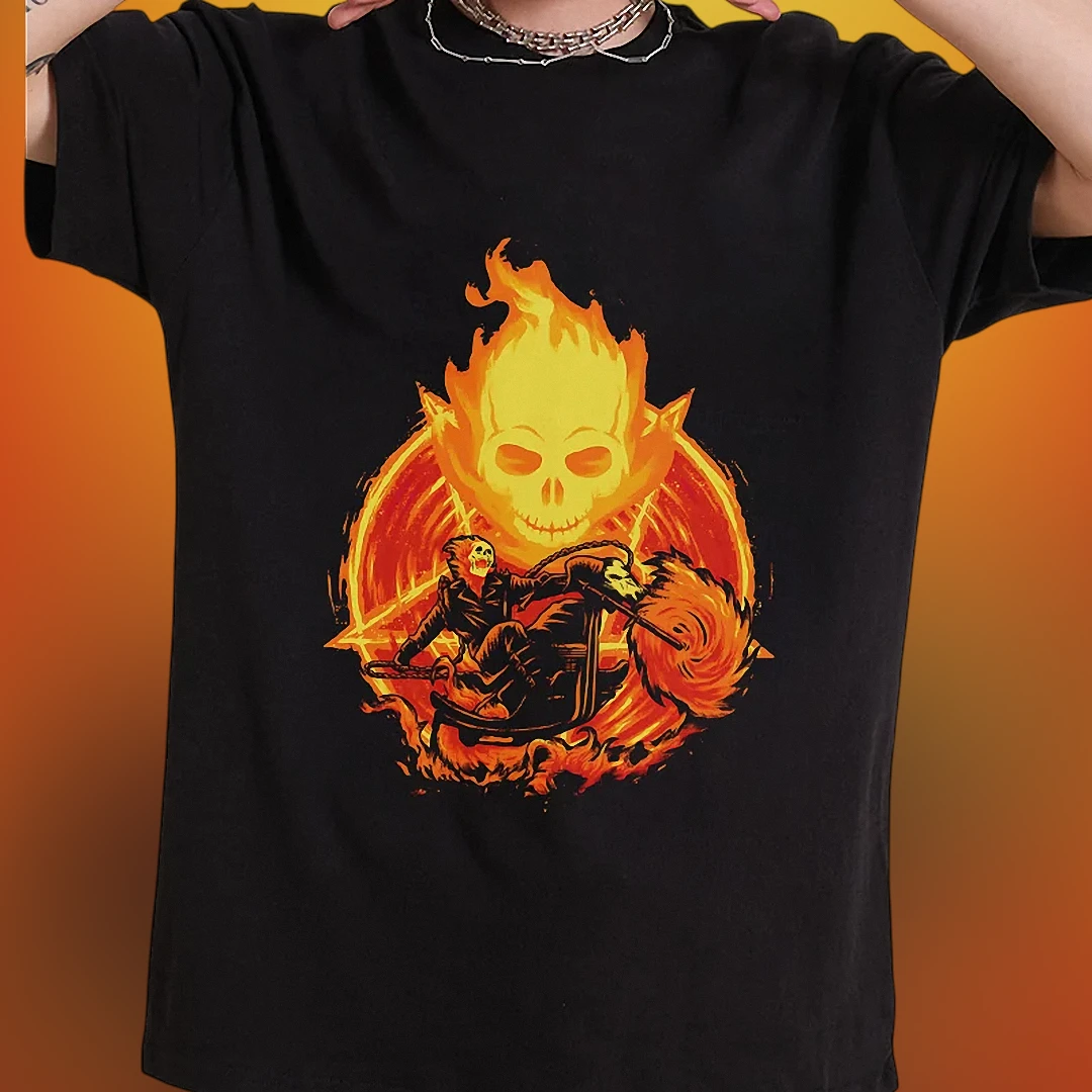 Ghost Rider Graphic Tee Flaming Skull Motorcycle Comic Retro Biker Shirt