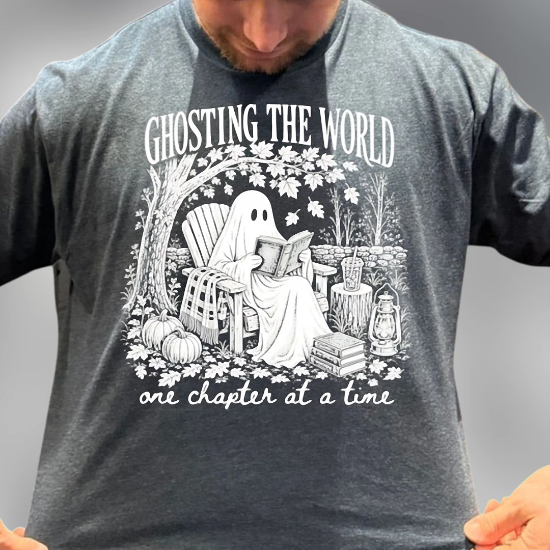 Ghosting the World One Chapter at a Time Tee, Cozy Ghost Reading Bookish Fall Graphic T-Shirt Gift for Introvert Readers