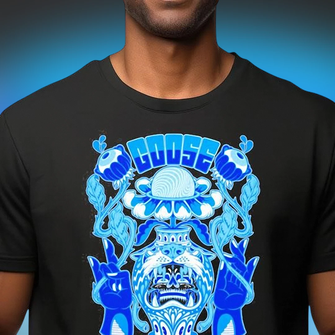 Goose Band Graphic Tee Psychedelic Blue Skull Floral Concert Merch T-Shirt