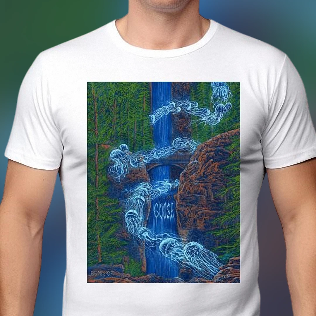 Goose Band Waterfall Jellyfish Psychedelic Art Tee, Indie Jam Rock Graphic T-Shirt for Music Fans