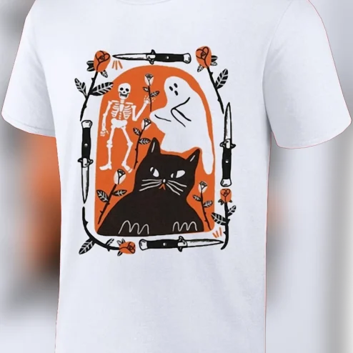 Gothic Black Cat Skeleton Ghost Tee Spooky Cute Witchy Halloween Graphic Shirt for Cat Lovers