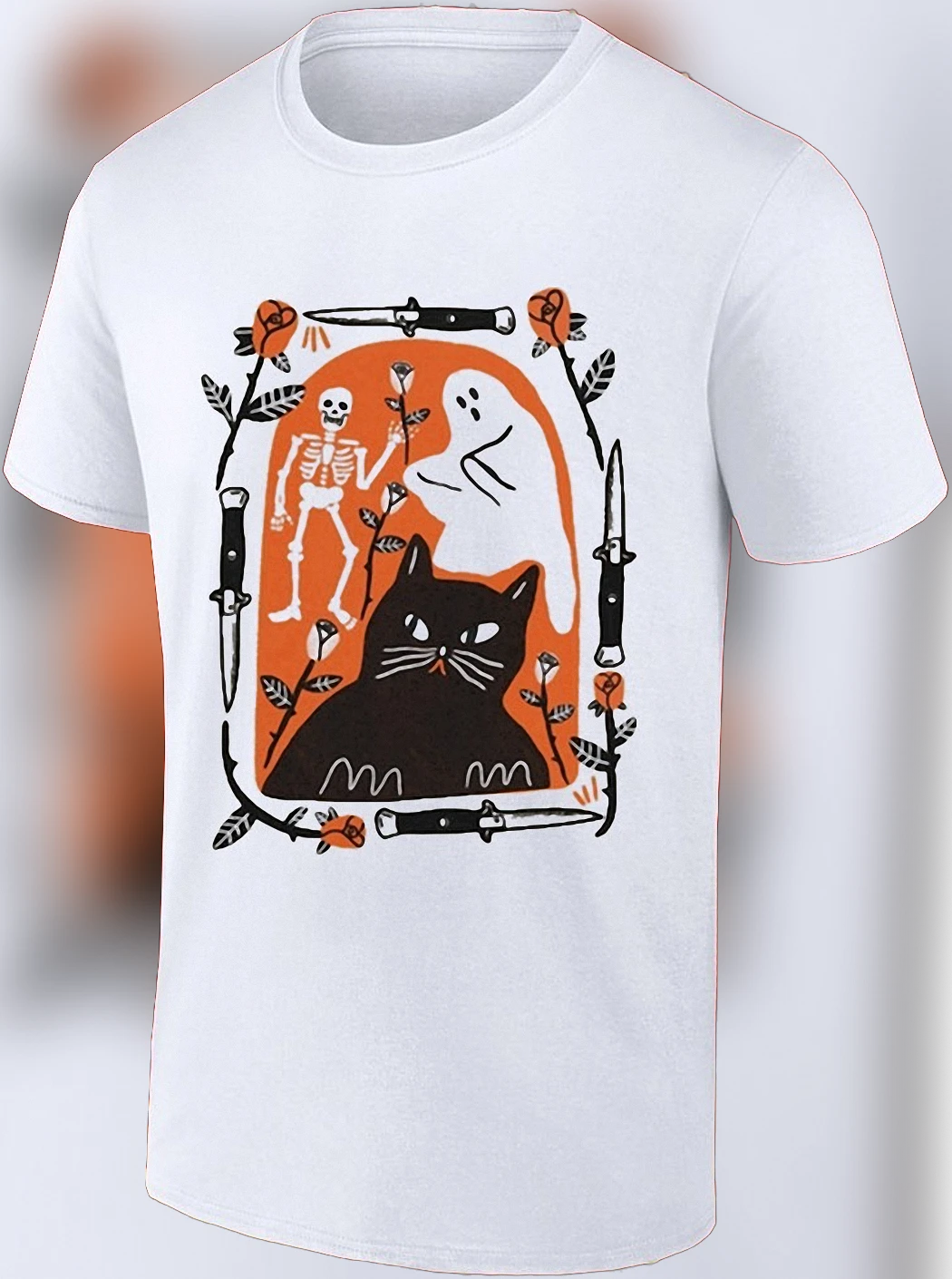 Gothic Black Cat Skeleton Ghost Tee Spooky Cute Witchy Halloween Graphic Shirt for Cat Lovers