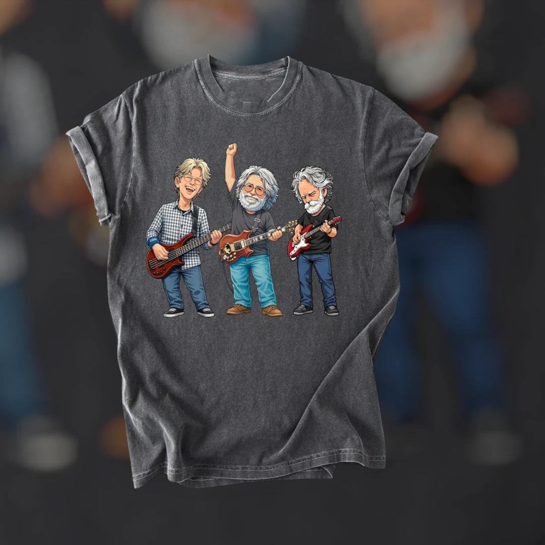 Grateful Dead Band Caricature Tee Jerry Garcia Classic Rock Musician Cartoon Graphic Shirt