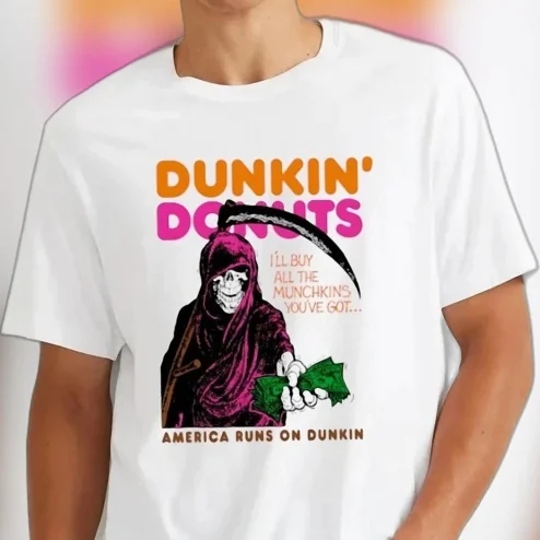 Grim Reaper Dunkin Munchkins Tee Funny America Runs On Dunkin Parody Coffee Lover Graphic Shirt