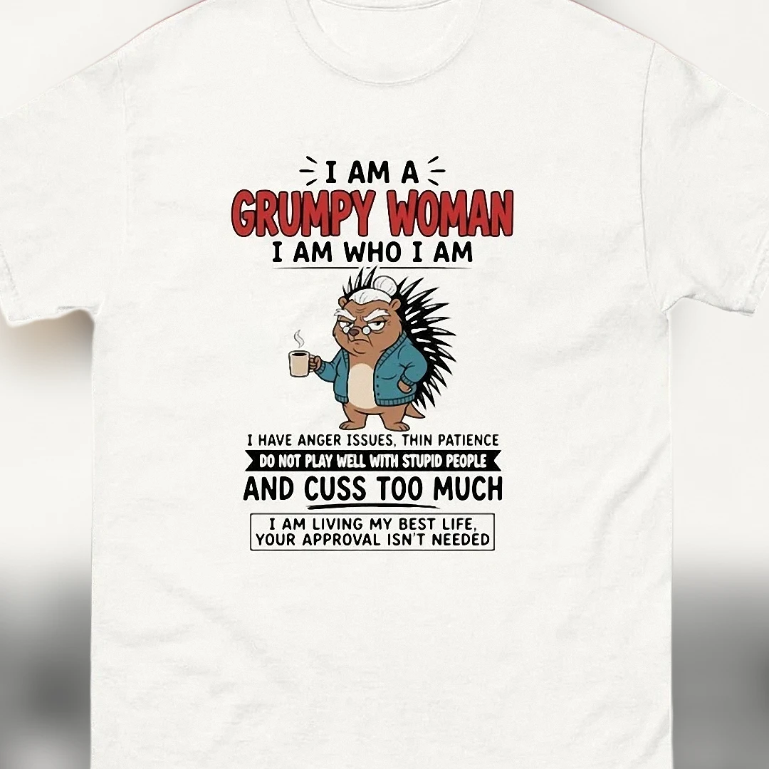 Grumpy Woman I Am Who I Am Hedgehog Tee, Sarcastic Coffee Slogan Graphic Shirt, Funny Sassy Mood Personality Gift for Women