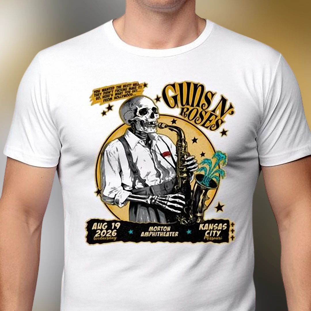Guns N Roses Aug 19 2026 Morton Amphitheater Kansas City Tee, Vintage Skeleton Saxophone Concert Graphic T-Shirt