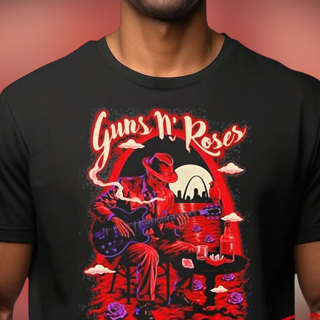 Guns N' Roses Graphic Tee, Vintage Skeleton Guitar Rock Band Concert Tour Shirt for Music Fans