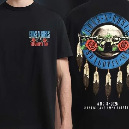 Guns N' Roses Shakopee MN Aug 8 2026 Mystic Lake Amphitheater Tee, Two-Sided Rock Tour Souvenir Concert Shirt