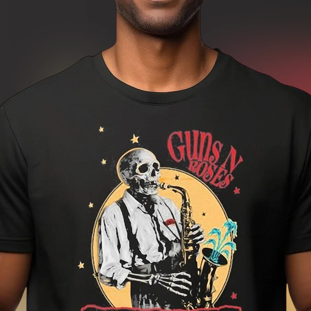 Guns N Roses Skeleton Saxophone Vintage Graphic Tee, Retro Rock Band Shirt for Music Lovers