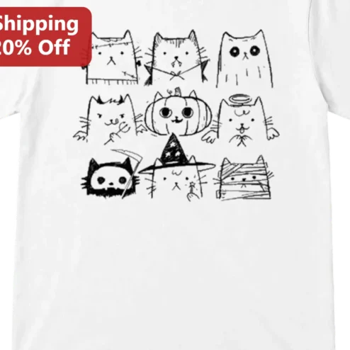 Halloween Cat Doodle Art Tee Cute Spooky Costume Cats Hand-Drawn Graphic Gift for Cat Lovers Kids