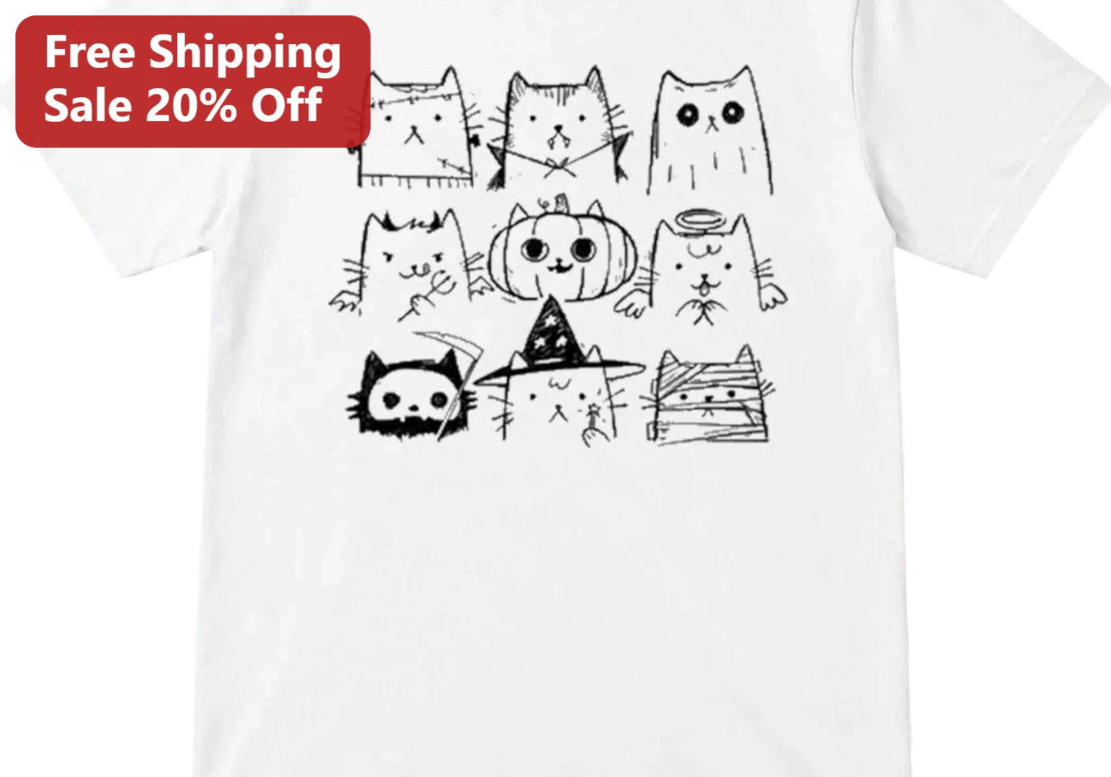Halloween Cat Doodle Art Tee Cute Spooky Costume Cats Hand-Drawn Graphic Gift for Cat Lovers Kids