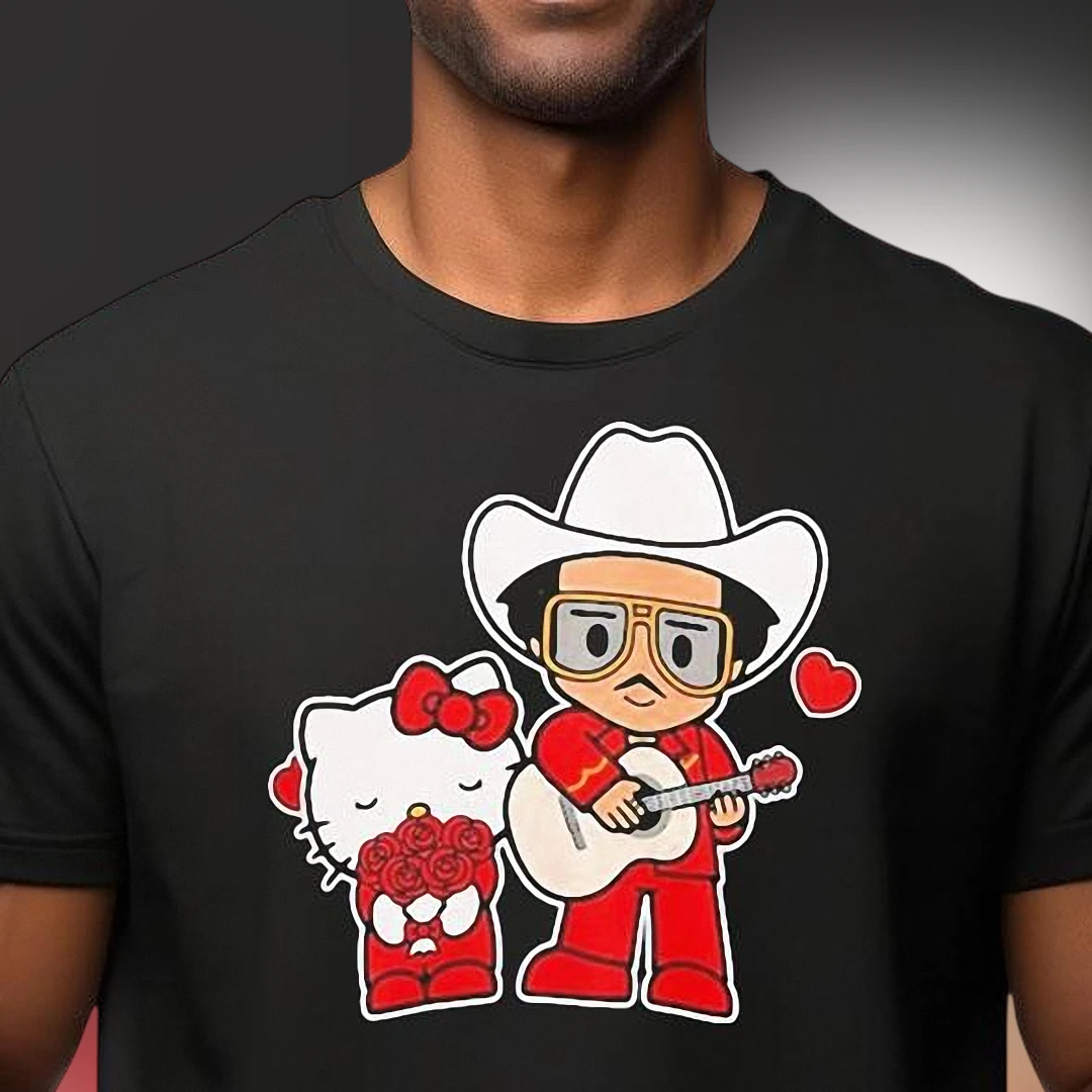 Hello Kitty Cowboy Musician Graphic Tee, Cute Romantic Guitar Fan Art T-Shirt