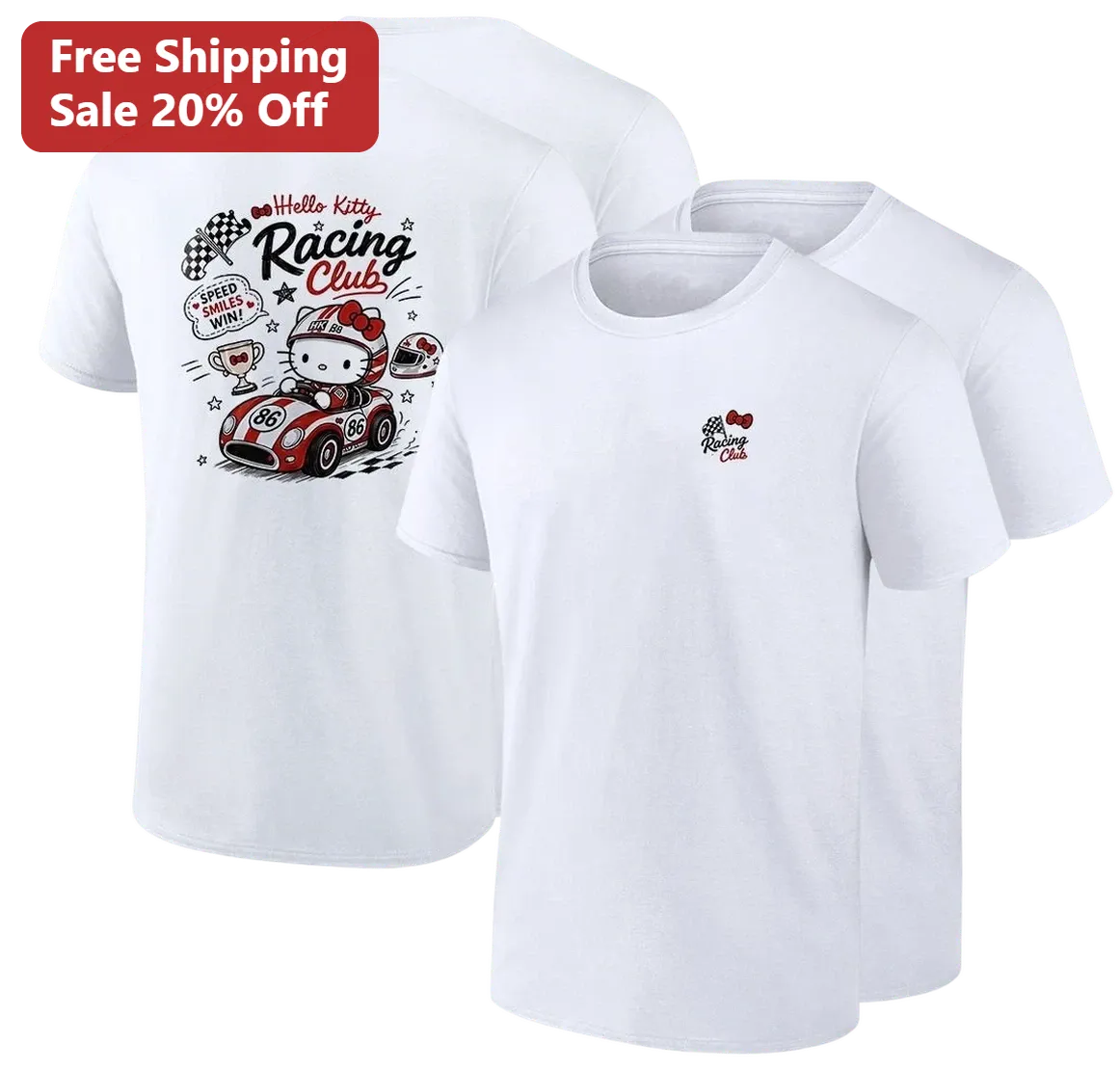 Hello Kitty Racing Club Speed Smiles Win Tee, Cute Race Car Kawaii Graphic Tee Gift for Hello Kitty Fans and Racing Lovers