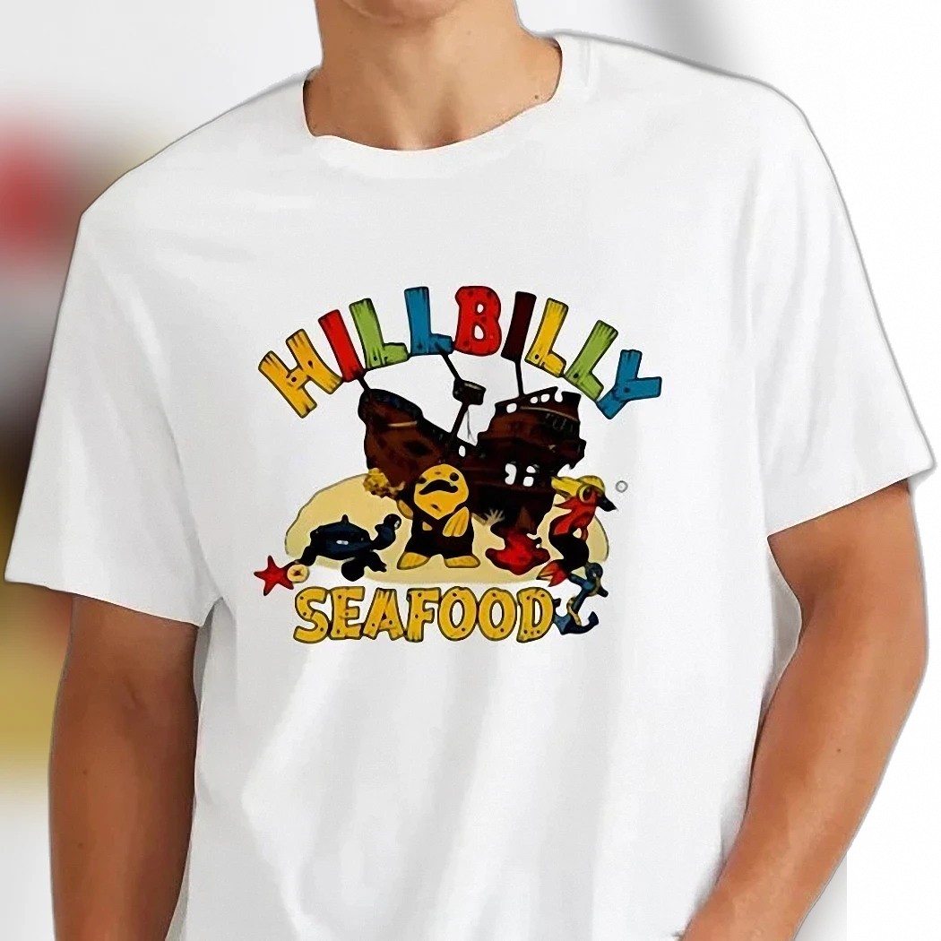 Hillbilly Seafood Funny Fisherman Graphic Tee Coastal Bait Shop Humor Cartoon T-Shirt