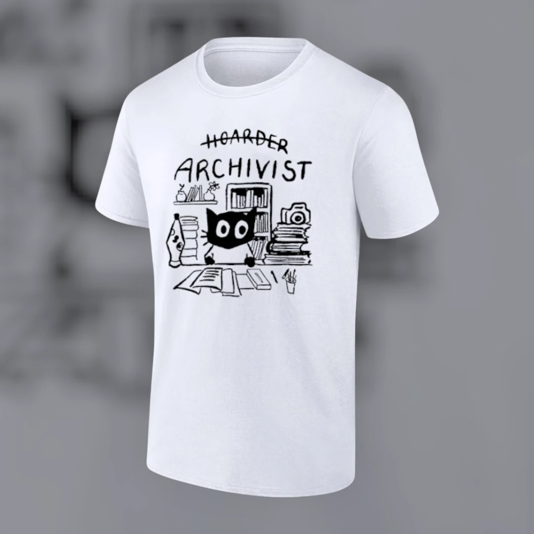 Hoarder Archivist Funny Black Cat Tee Library Humor Book Lover Gift