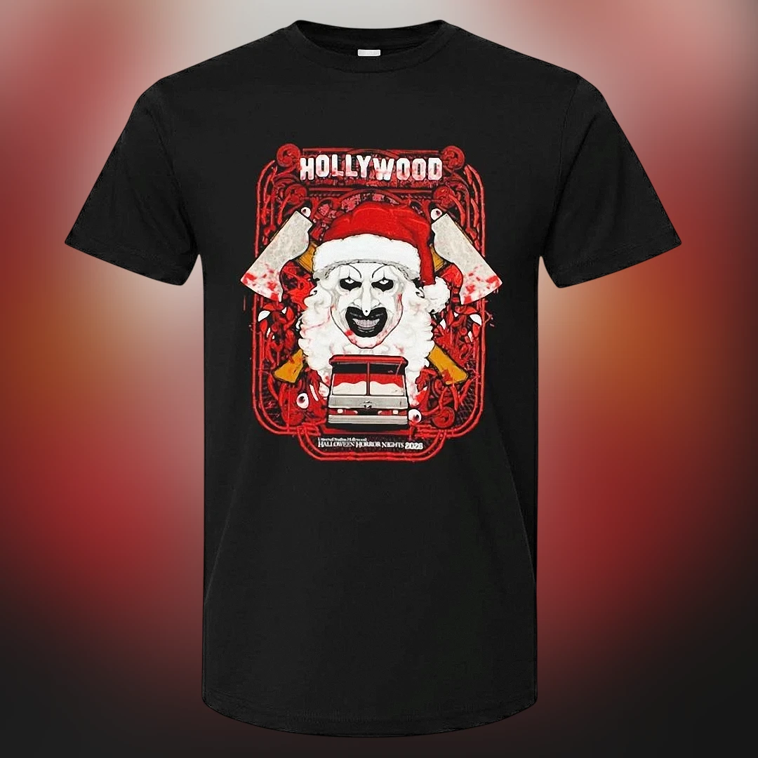 Hollywood Halloween Horror Nights 2023 Art the Clown Santa Tee, Slasher Horror Graphic T-Shirt