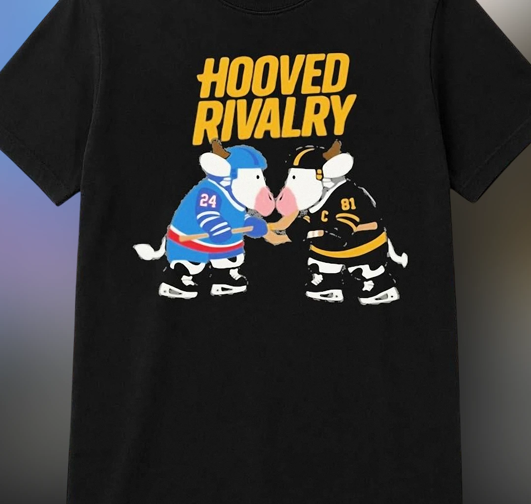 Hooved Rivalry Cow Ice Hockey Tee Funny Retro Mascot Sports Fan Graphic T-Shirt