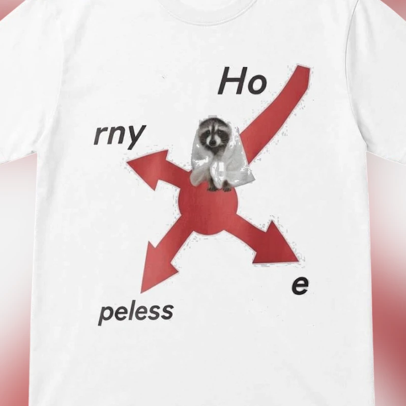 Horny Hopeless Raccoon Meme Tee Funny Sarcastic Wordplay Graphic T-Shirt for Men and Women