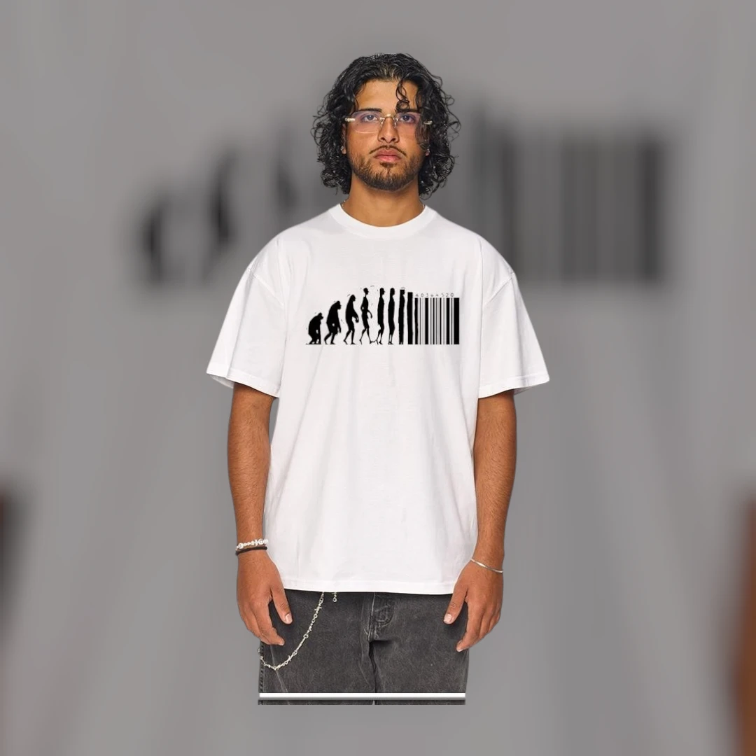 Human Evolution to Barcode Graphic Tee Commercialization of Humanity Concept Streetwear