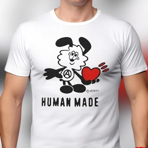 Human Made Tee Cartoon Dog Heart Graphic Shirt, Japanese Streetwear Fashion T-Shirt
