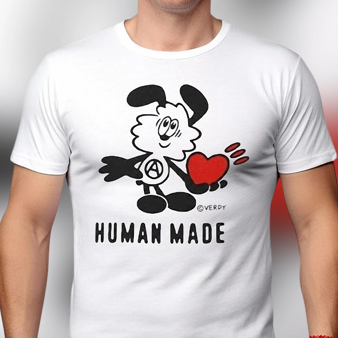 Human Made Tee Cartoon Dog Heart Graphic Shirt, Japanese Streetwear Fashion T-Shirt