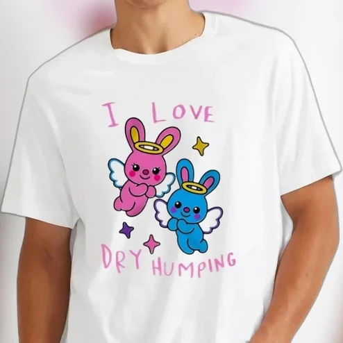 I Love Dry Humping Cute Angel Bunnies Tee Funny Y2K Sarcastic Meme Graphic Shirt Gag Gift for Friends